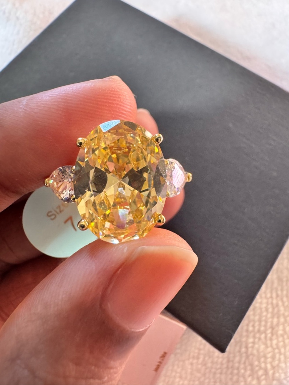 Yellow Oval Crystal Statement Ring with white Side Stones